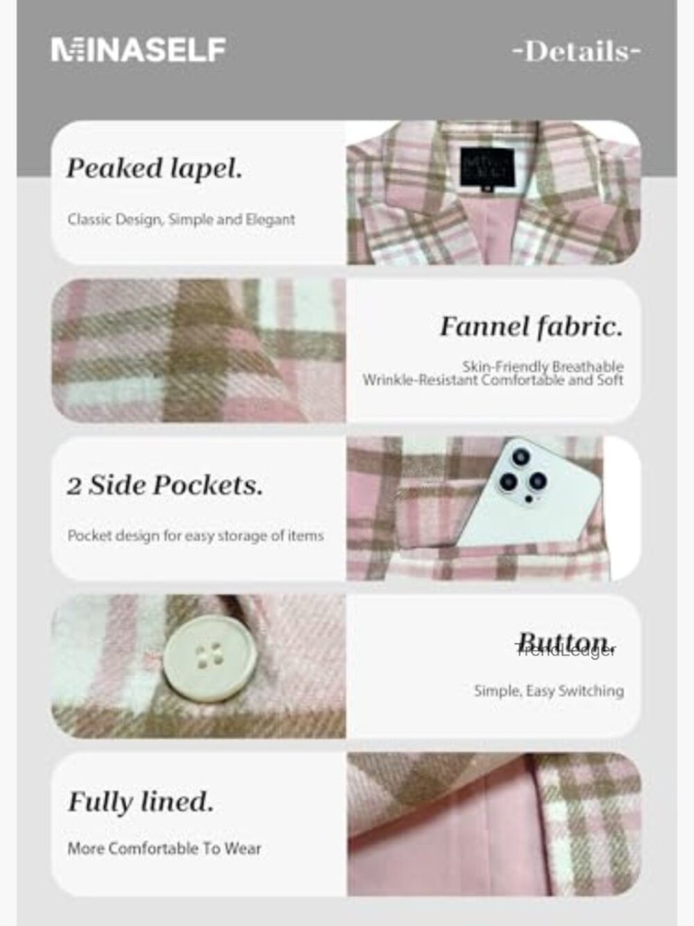 Women's Flannel Plaid Blazer Jacket Fully Lined Soft Slim Lightweight Casual - Picture 6 of 7